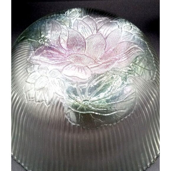 Kig Malaysia Pressed Glass Large Bowl Embossed Pink Flower Salad Fruit Vintage - Picture 14 of 15
